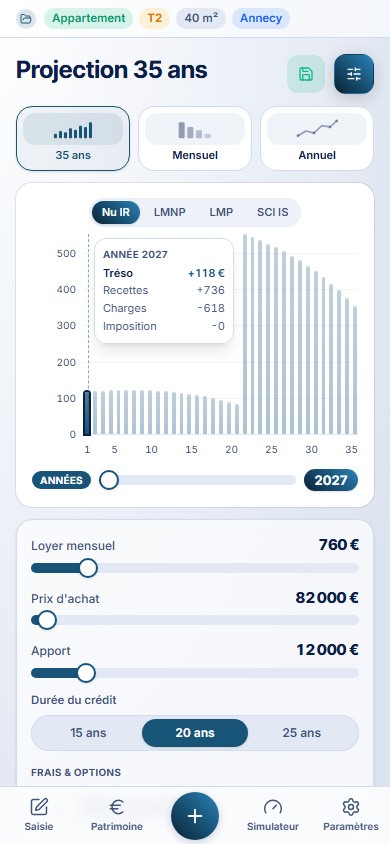 Projection · Trésorerie 35 ans — 3DInvest (mobile)